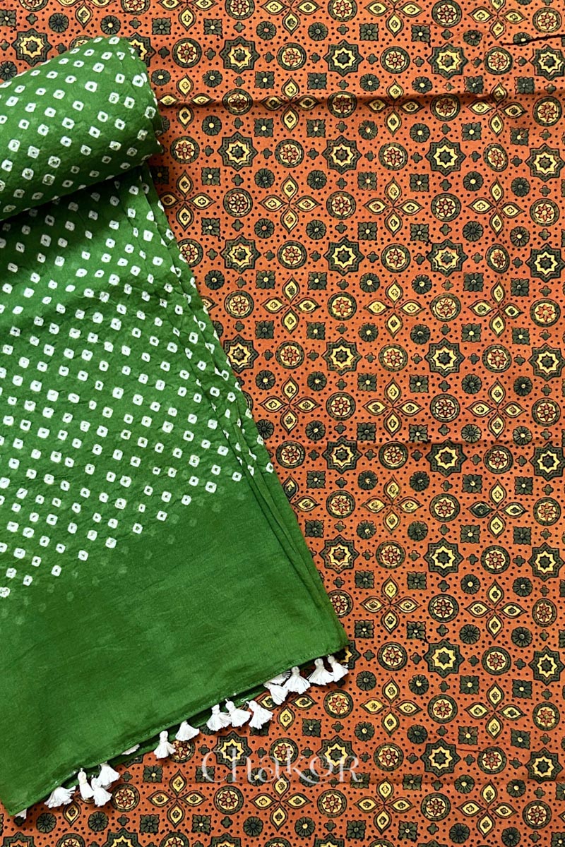 Rusty Orange Ajrakh Printed Cotton Kurta Fabric with Mehendi Green Bandhani Dupatta