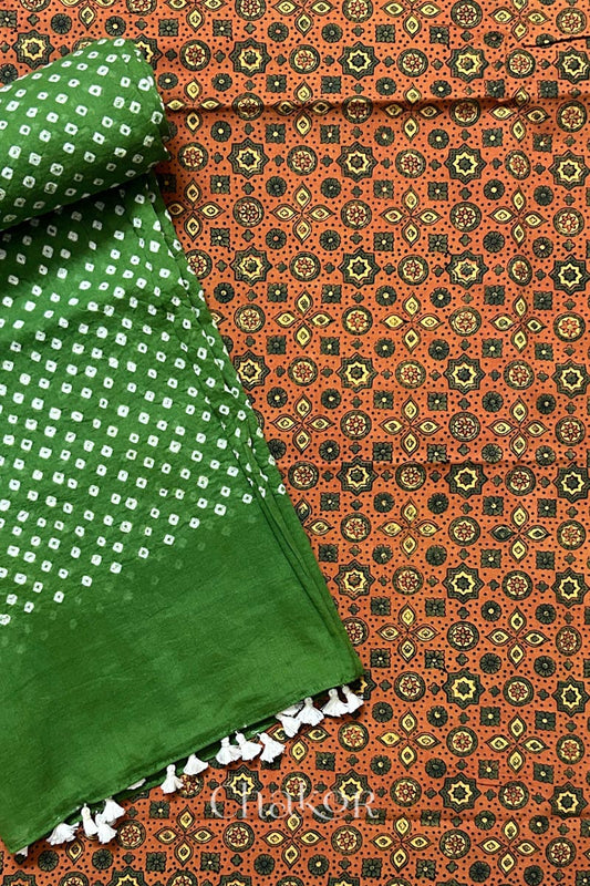 Rusty Orange Ajrakh Printed Cotton Kurta Fabric with Mehendi Green Bandhani Dupatta