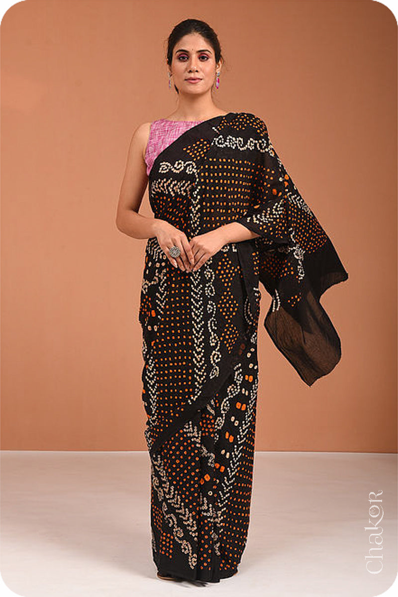 Handcrafted Black Bandhani Mul Cotton Saree by Chakor