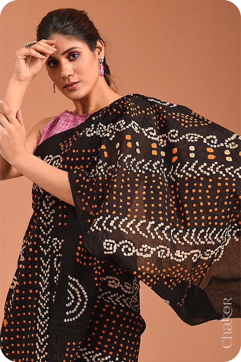 Handcrafted Black Bandhani Mul Cotton Saree by Chakor