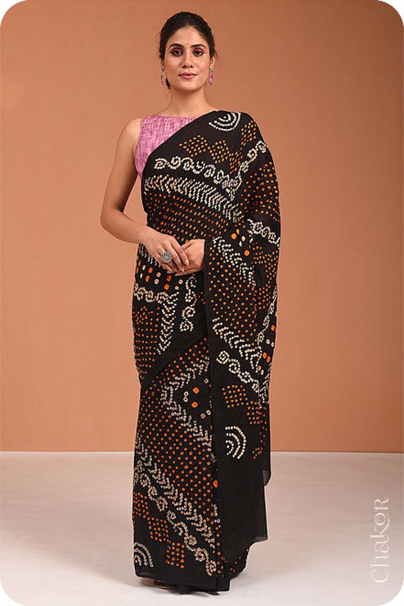 Handcrafted Black Bandhani Mul Cotton Saree by Chakor