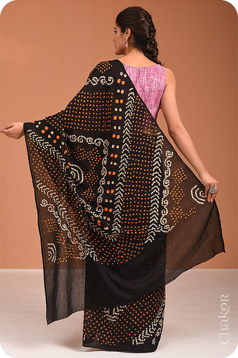 Handcrafted Black Bandhani Mul Cotton Saree by Chakor