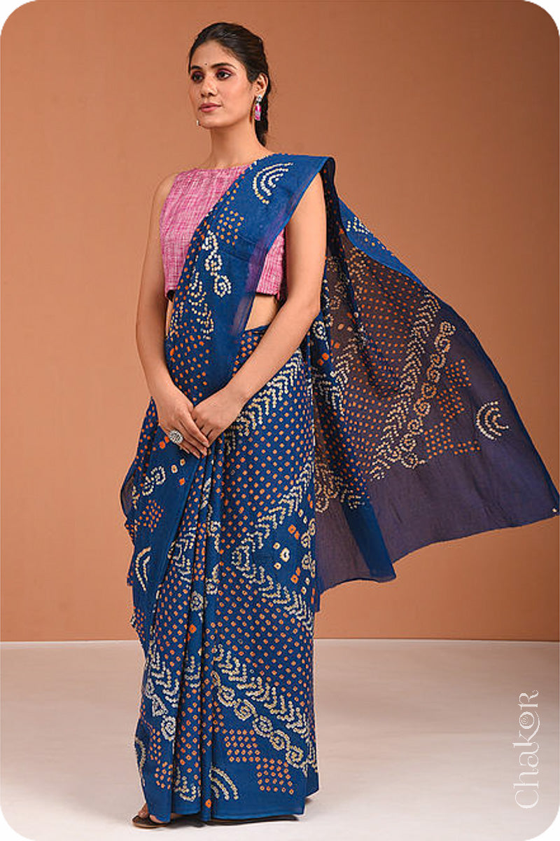 Handcrafted Indigo Bandhani Mul Cotton Saree by Chakor