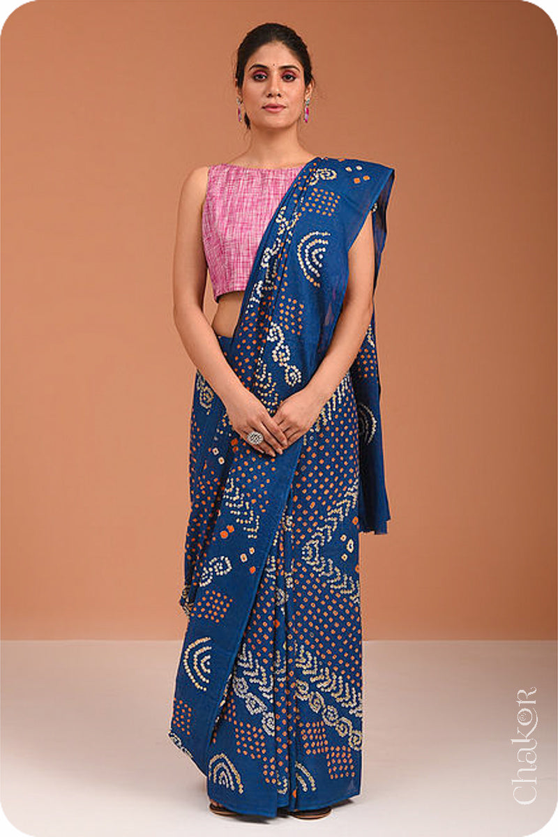 Handcrafted Indigo Bandhani Mul Cotton Saree by Chakor