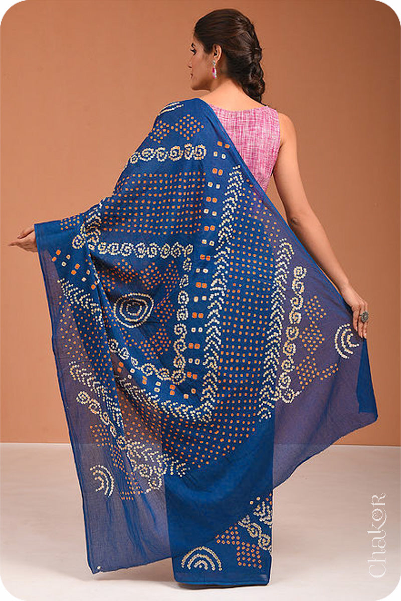 Handcrafted Indigo Bandhani Mul Cotton Saree by Chakor