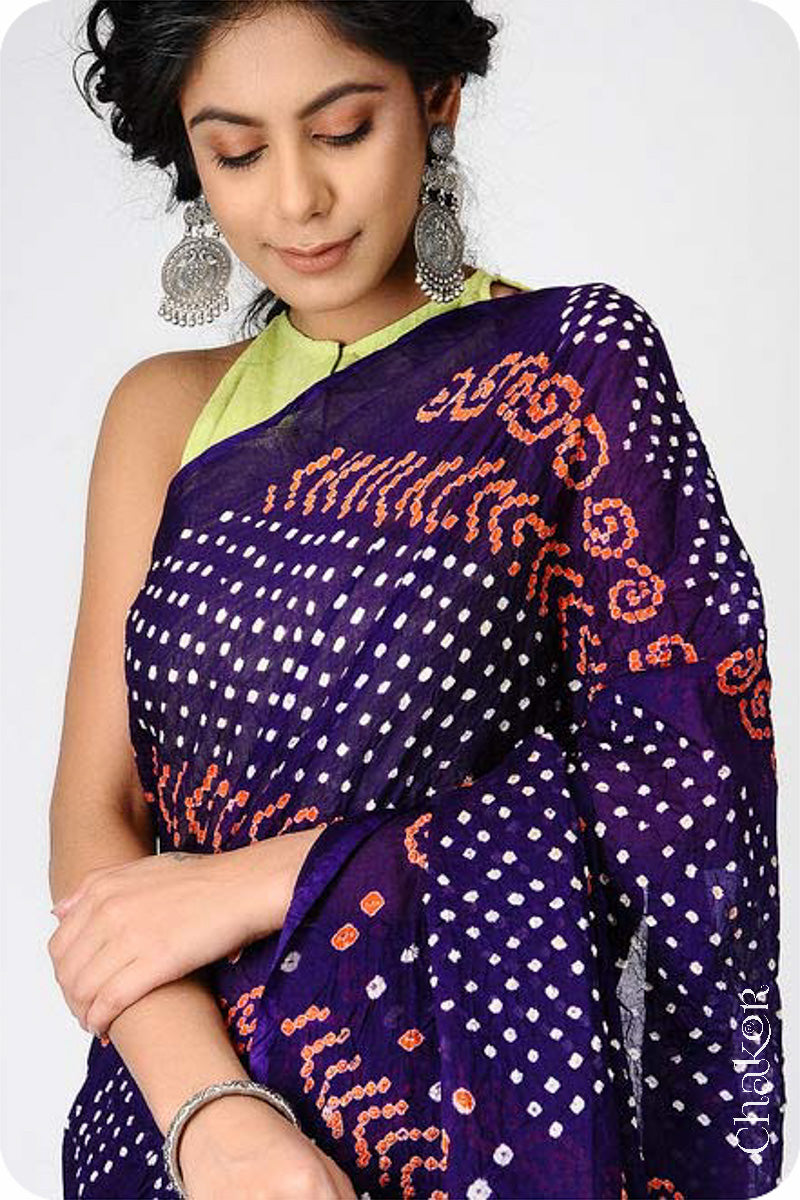 Handcrafted Purple Bandhani Mul Cotton Saree by Chakor