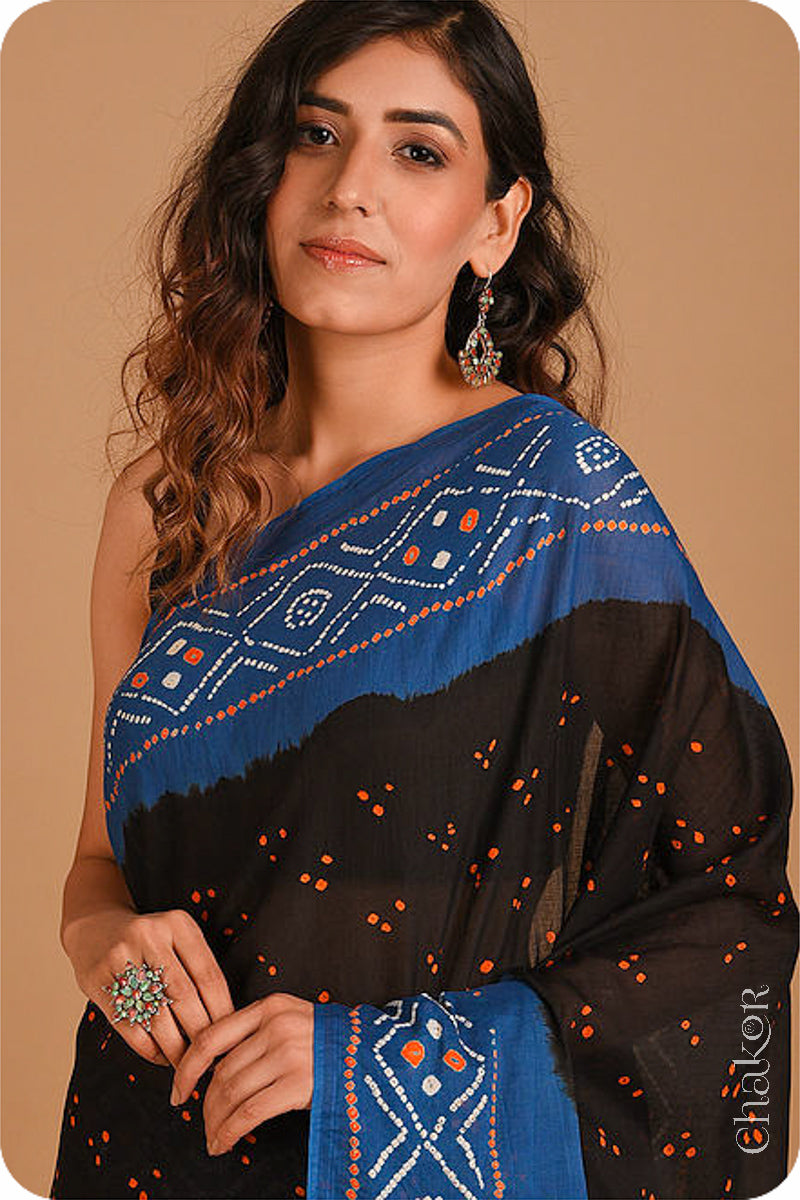 Handcrafted Black Indigo Bandhani Mul Cotton Saree by Chakor