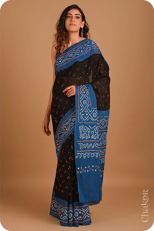 Handcrafted Black Indigo Bandhani Mul Cotton Saree by Chakor