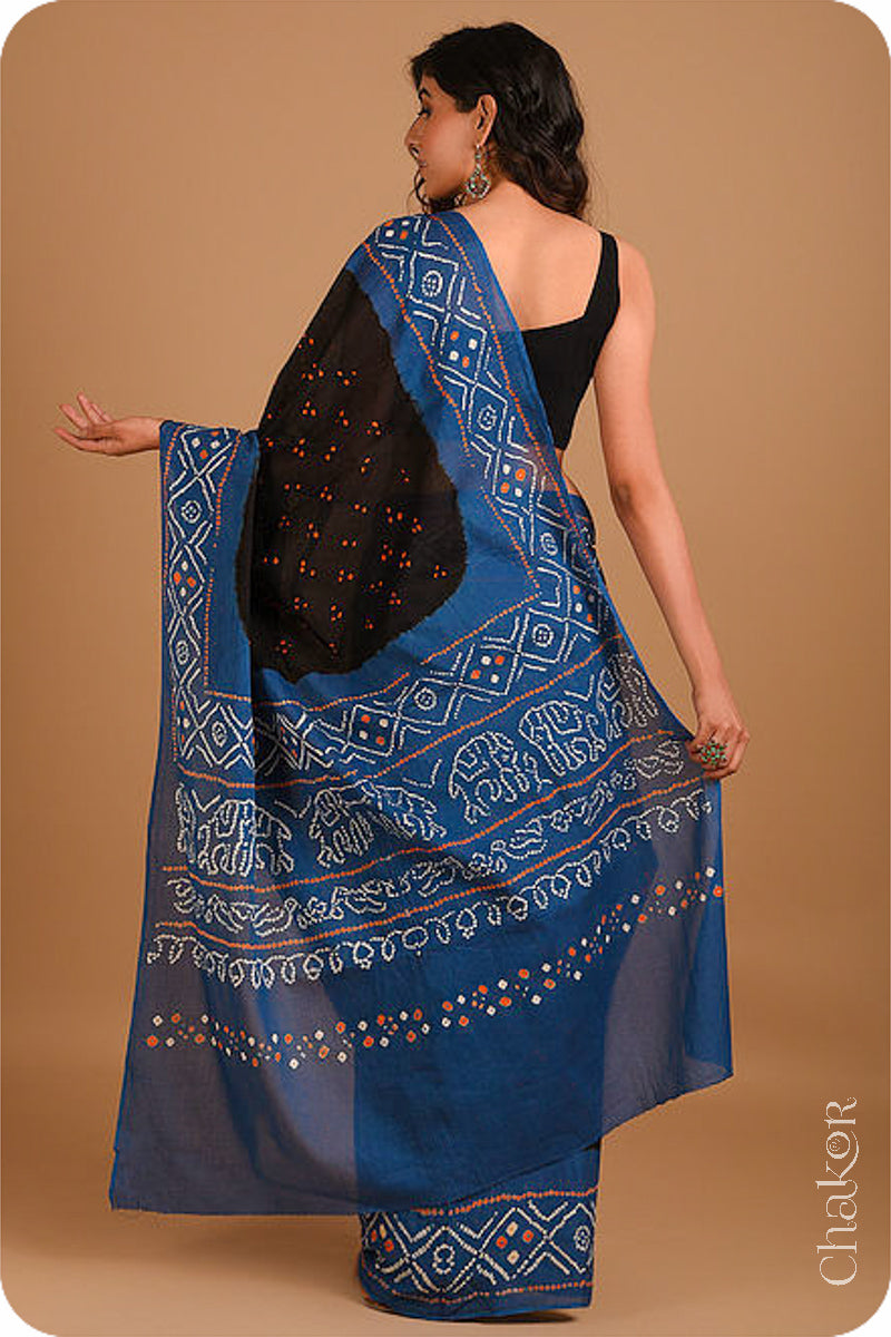 Handcrafted Black Indigo Bandhani Mul Cotton Saree by Chakor