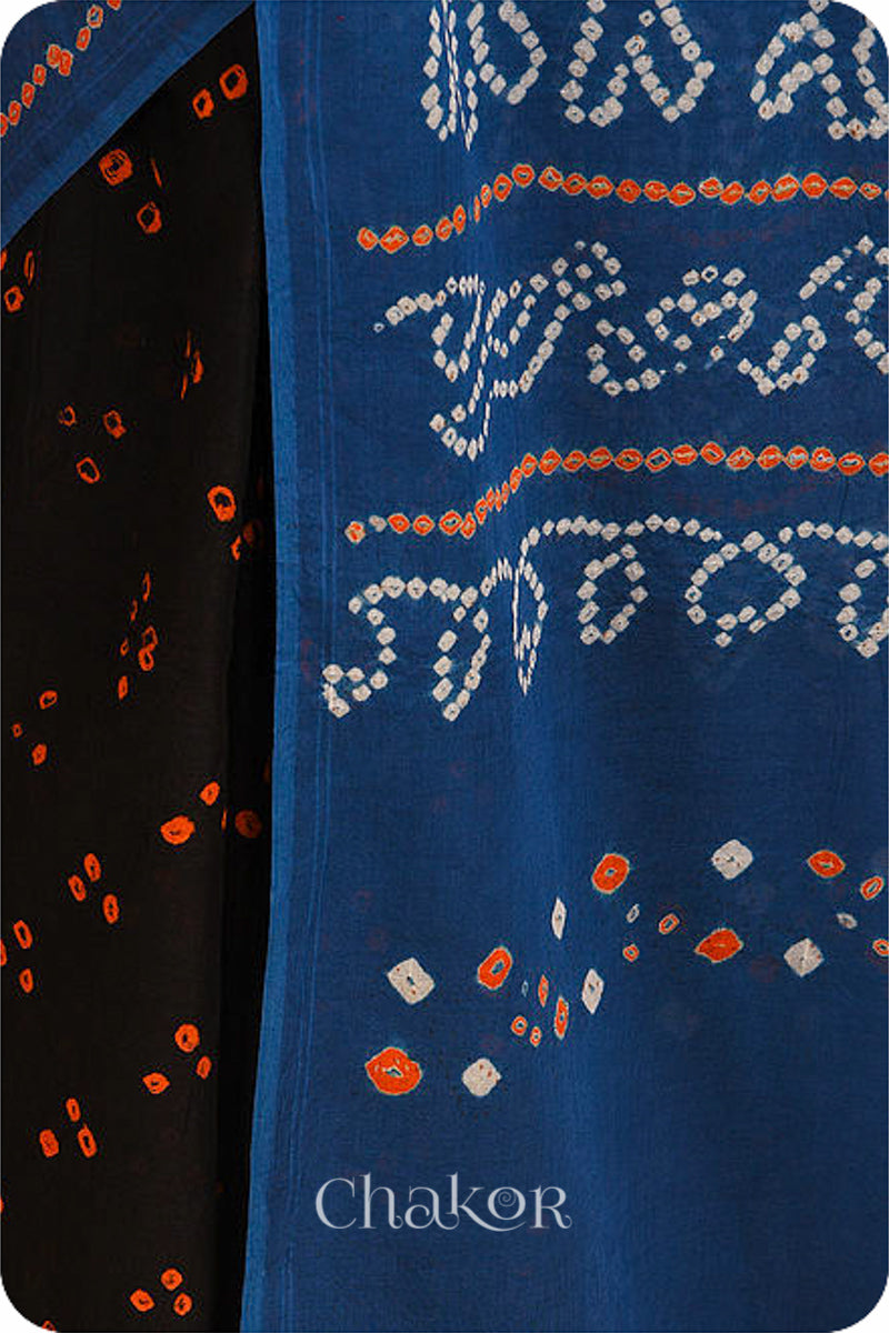 Handcrafted Black Indigo Bandhani Mul Cotton Saree by Chakor