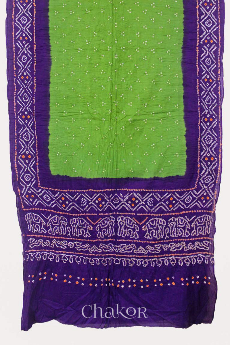 Handcrafted Mehendi Green Purple Bandhani Mul Cotton Saree by Chakor