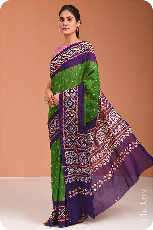 Handcrafted Mehendi Green Purple Bandhani Mul Cotton Saree by Chakor