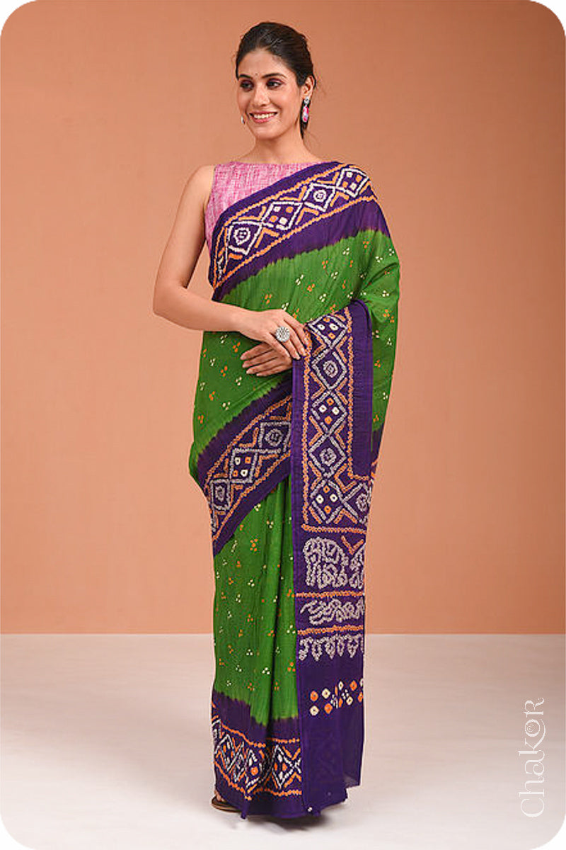 Handcrafted Mehendi Green Purple Bandhani Mul Cotton Saree by Chakor