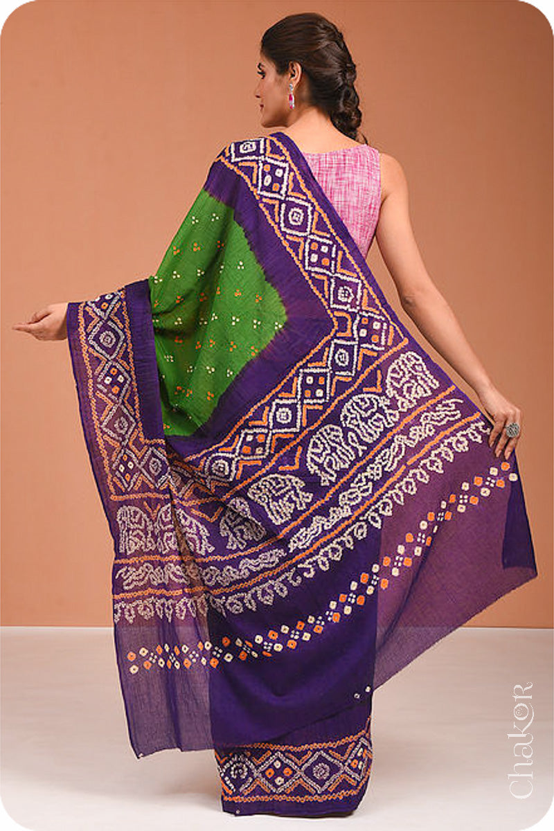 Handcrafted Mehendi Green Purple Bandhani Mul Cotton Saree by Chakor