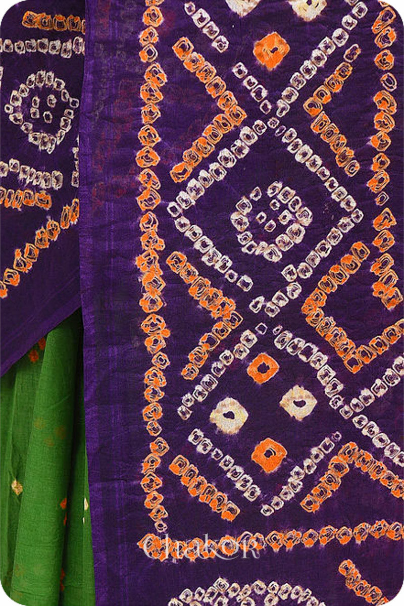 Handcrafted Mehendi Green Purple Bandhani Mul Cotton Saree by Chakor