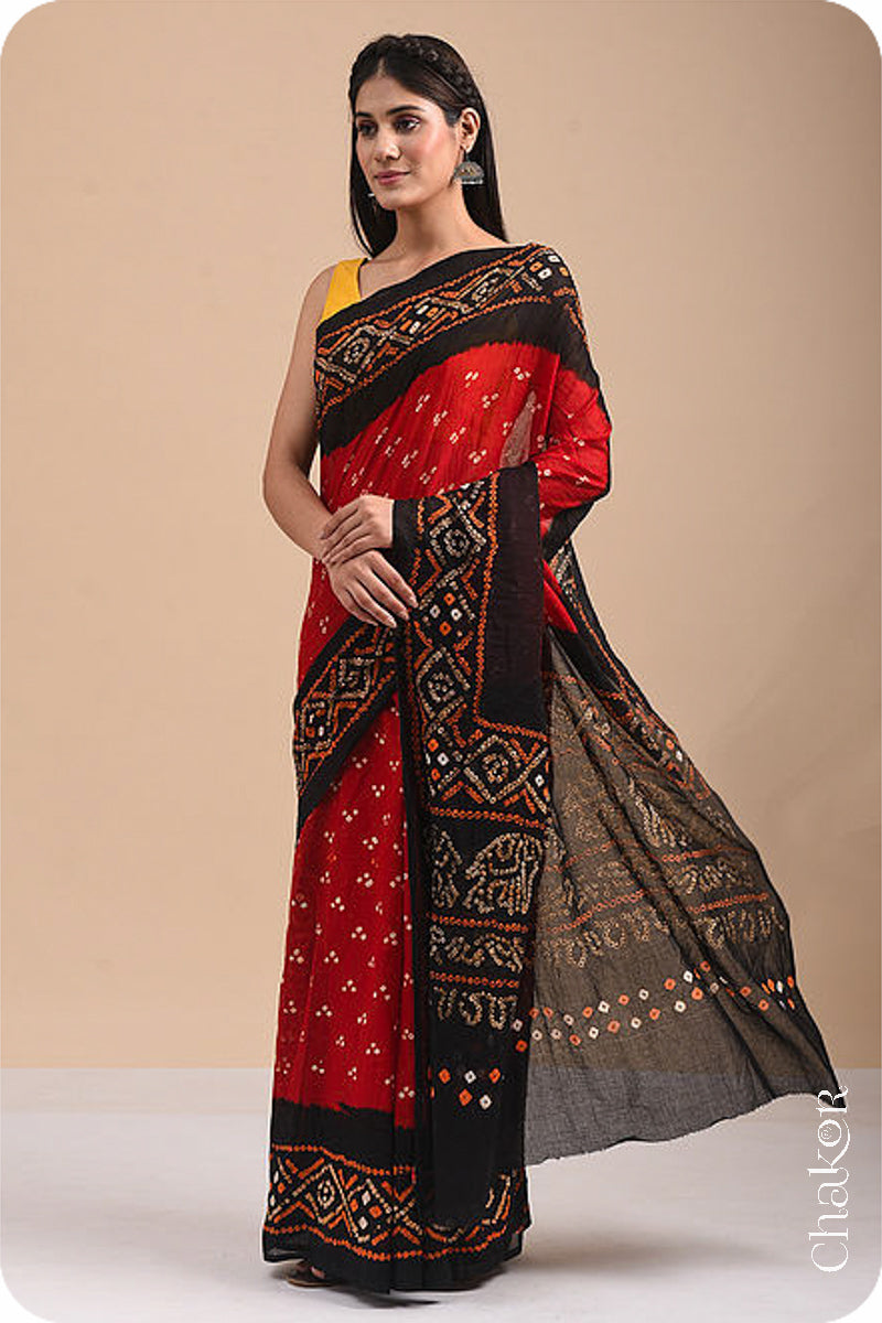 Handcrafted Red Black Bandhani Mul Cotton Saree By Chakor.