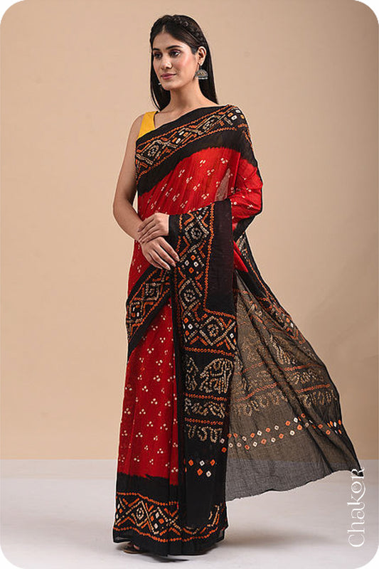 Handcrafted Red Black Bandhani Mul Cotton Saree By Chakor.