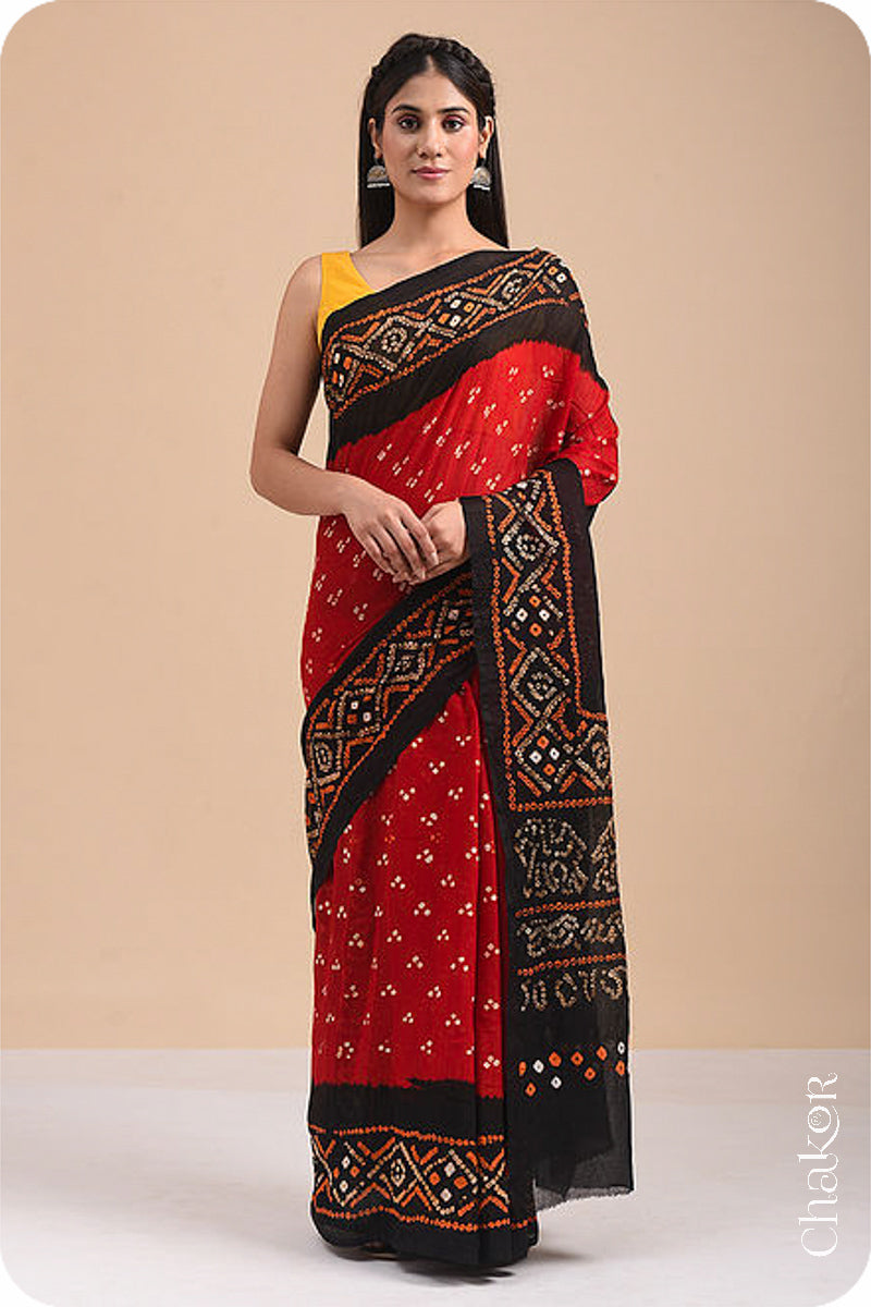 Handcrafted Red Black Bandhani Mul Cotton Saree By Chakor.