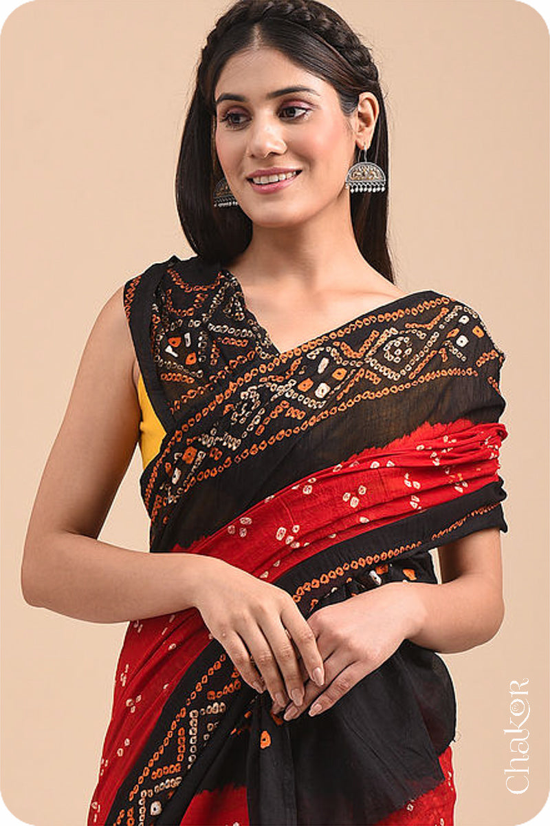 Handcrafted Red Black Bandhani Mul Cotton Saree By Chakor.