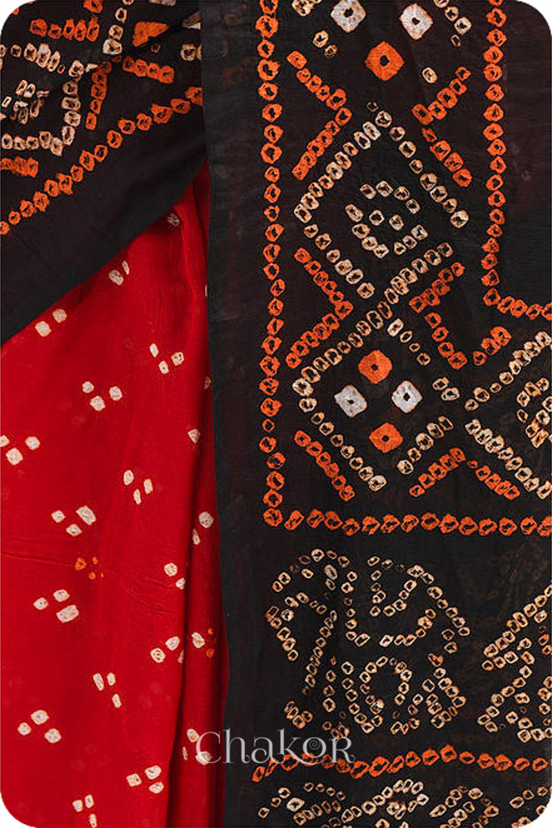 Handcrafted Red Black Bandhani Mul Cotton Saree By Chakor.