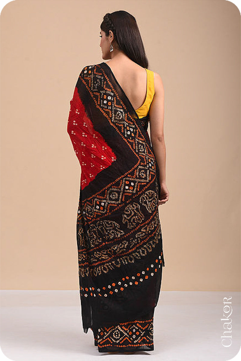 Handcrafted Red Black Bandhani Mul Cotton Saree By Chakor.