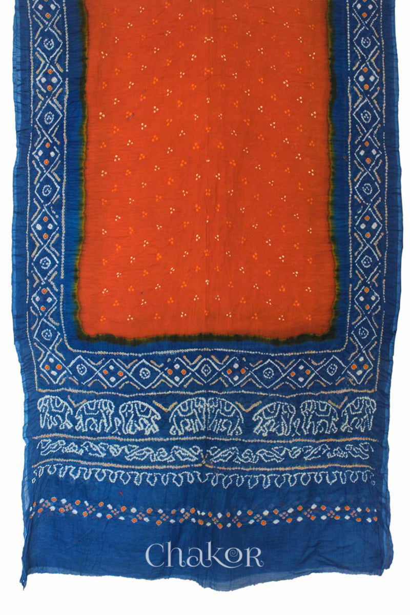 Handcrafted Rust Indigo Bandhani Mul Cotton Saree By Chakor.