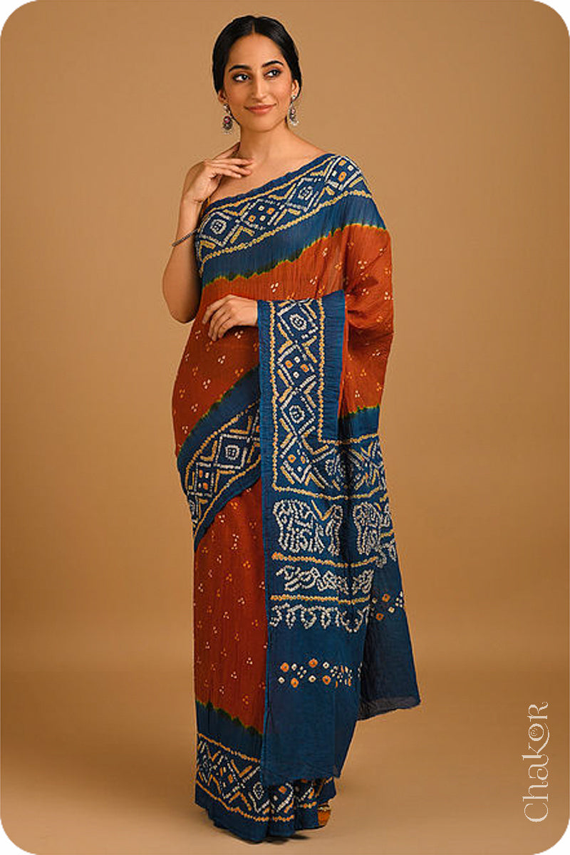 Handcrafted Rust Indigo Bandhani Mul Cotton Saree By Chakor.