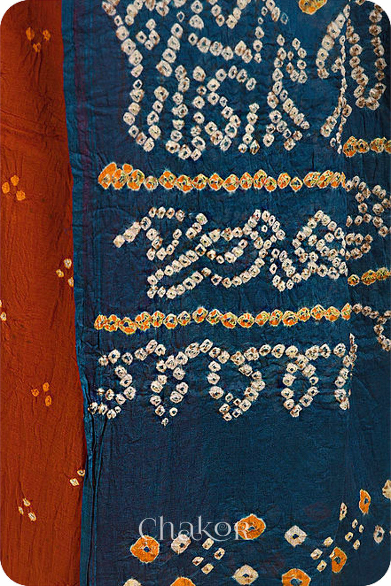 Handcrafted Rust Indigo Bandhani Mul Cotton Saree By Chakor.