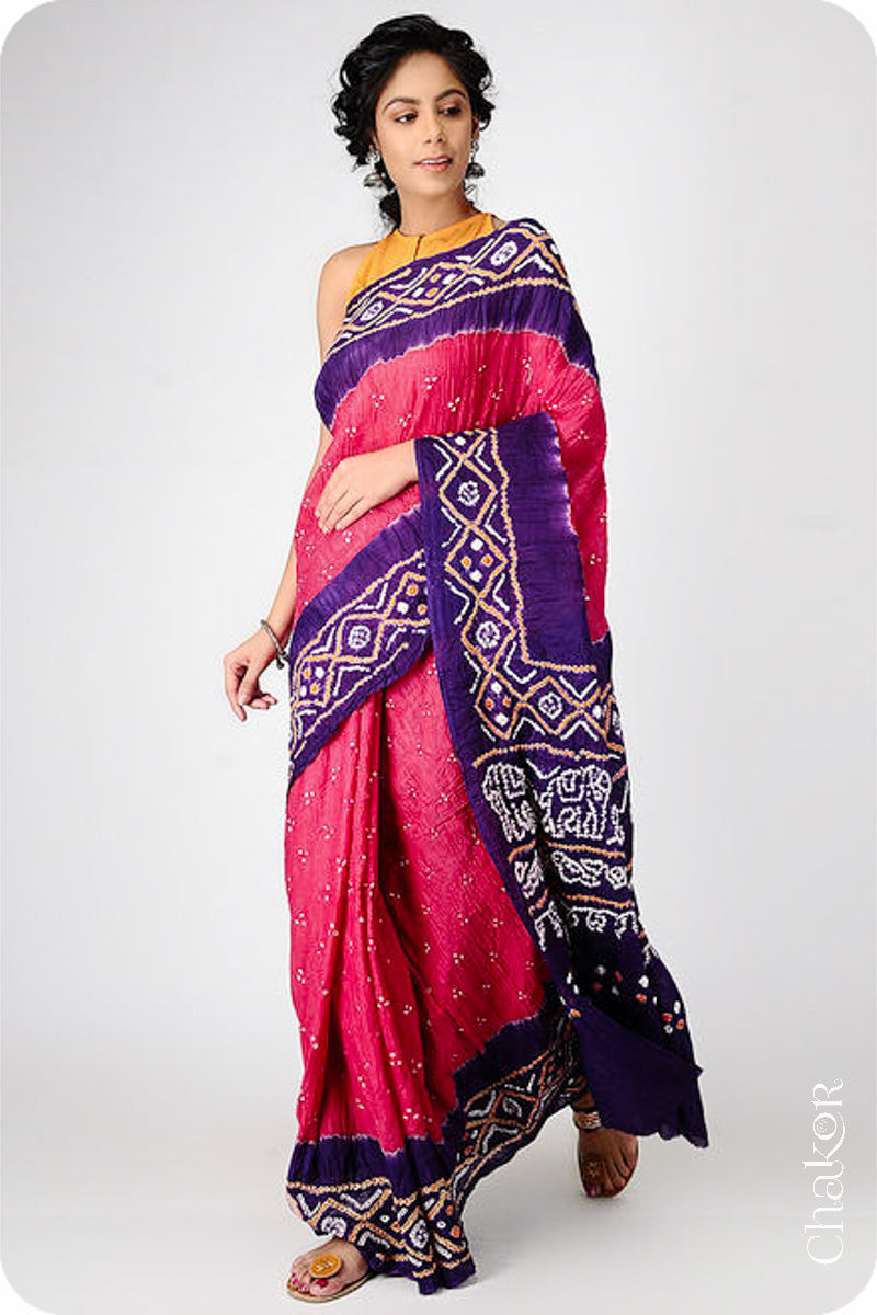 Handcrafted Strawberry Purple Bandhani Mul Cotton Saree By Chakor.