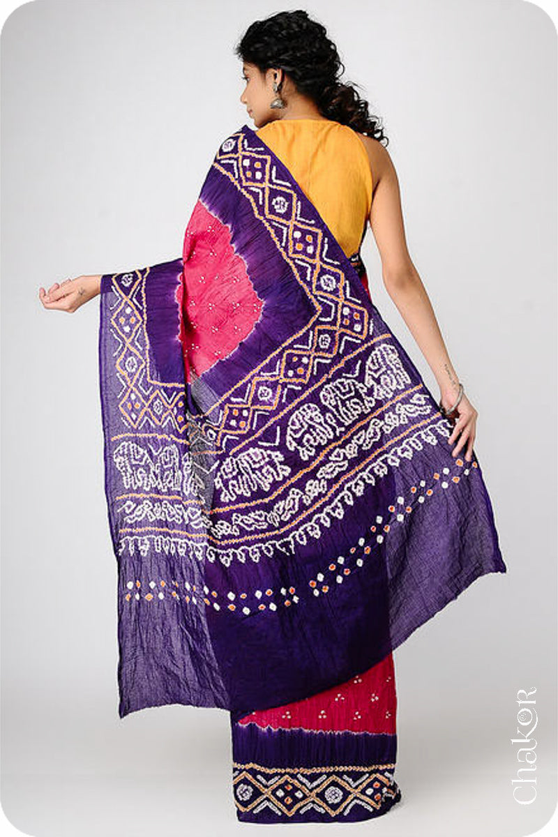 Handcrafted Strawberry Purple Bandhani Mul Cotton Saree By Chakor.