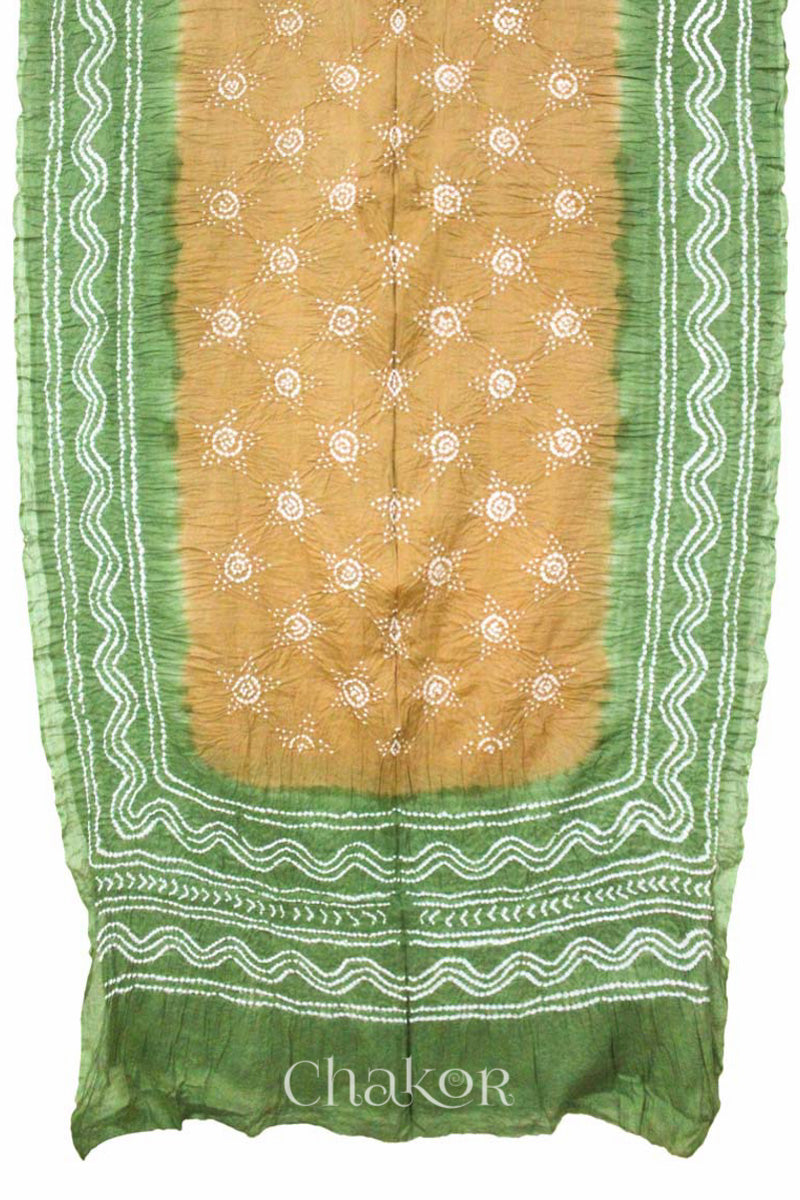 Handcrafted Beige Mehendi Green Bandhani Mul Cotton Saree by Chakor.