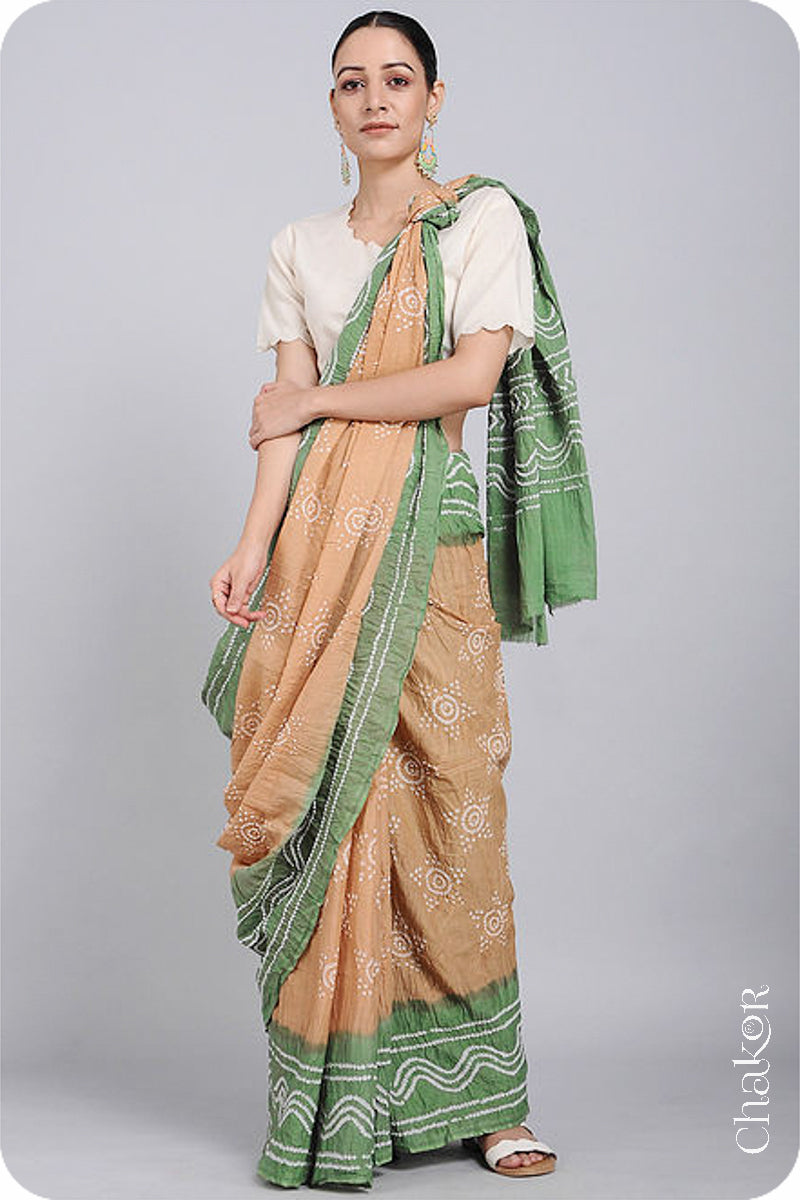 Handcrafted Beige Mehendi Green Bandhani Mul Cotton Saree by Chakor.