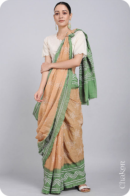Handcrafted Beige Mehendi Green Bandhani Mul Cotton Saree by Chakor.