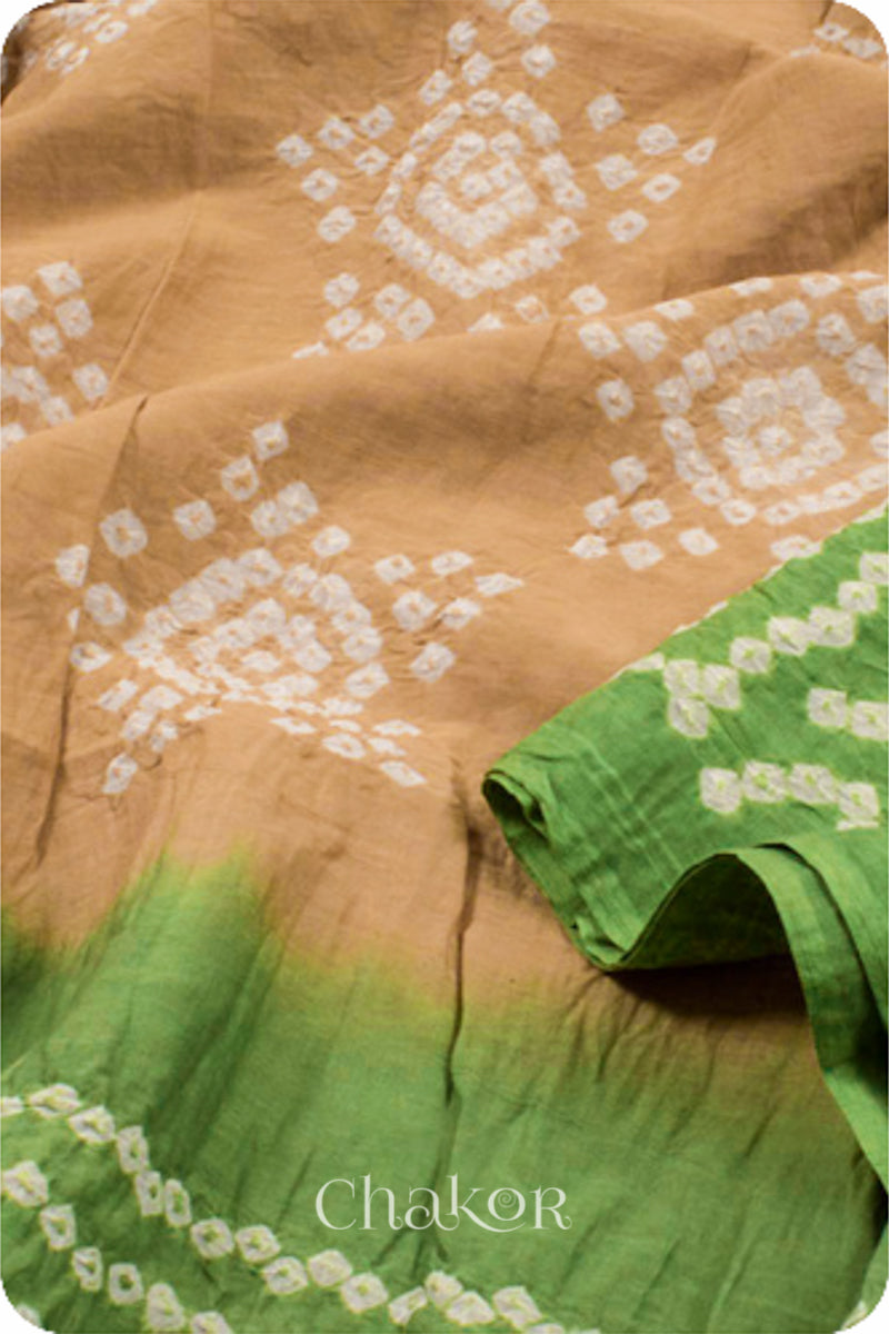 Handcrafted Beige Mehendi Green Bandhani Mul Cotton Saree by Chakor.