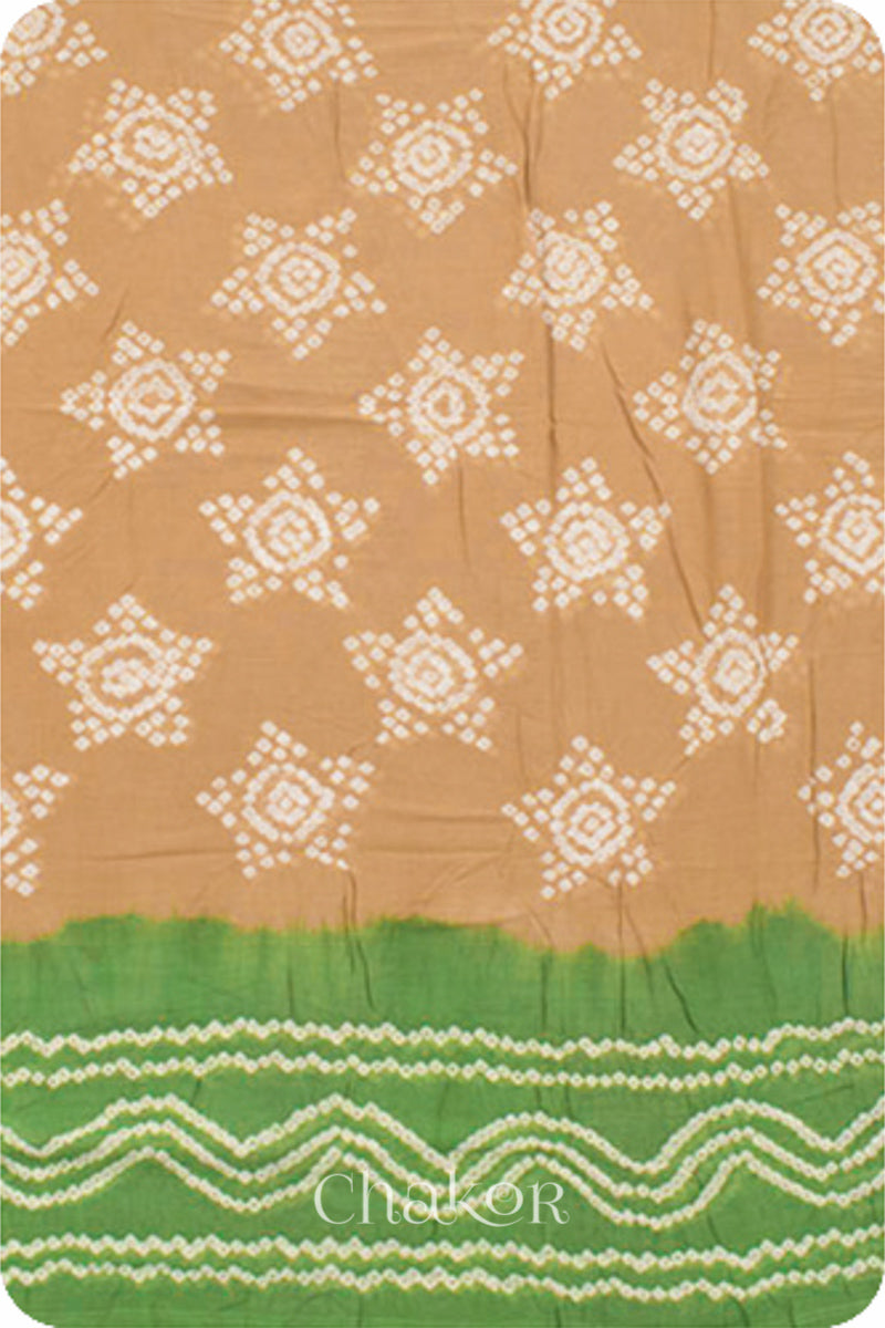 Handcrafted Beige Mehendi Green Bandhani Mul Cotton Saree by Chakor.