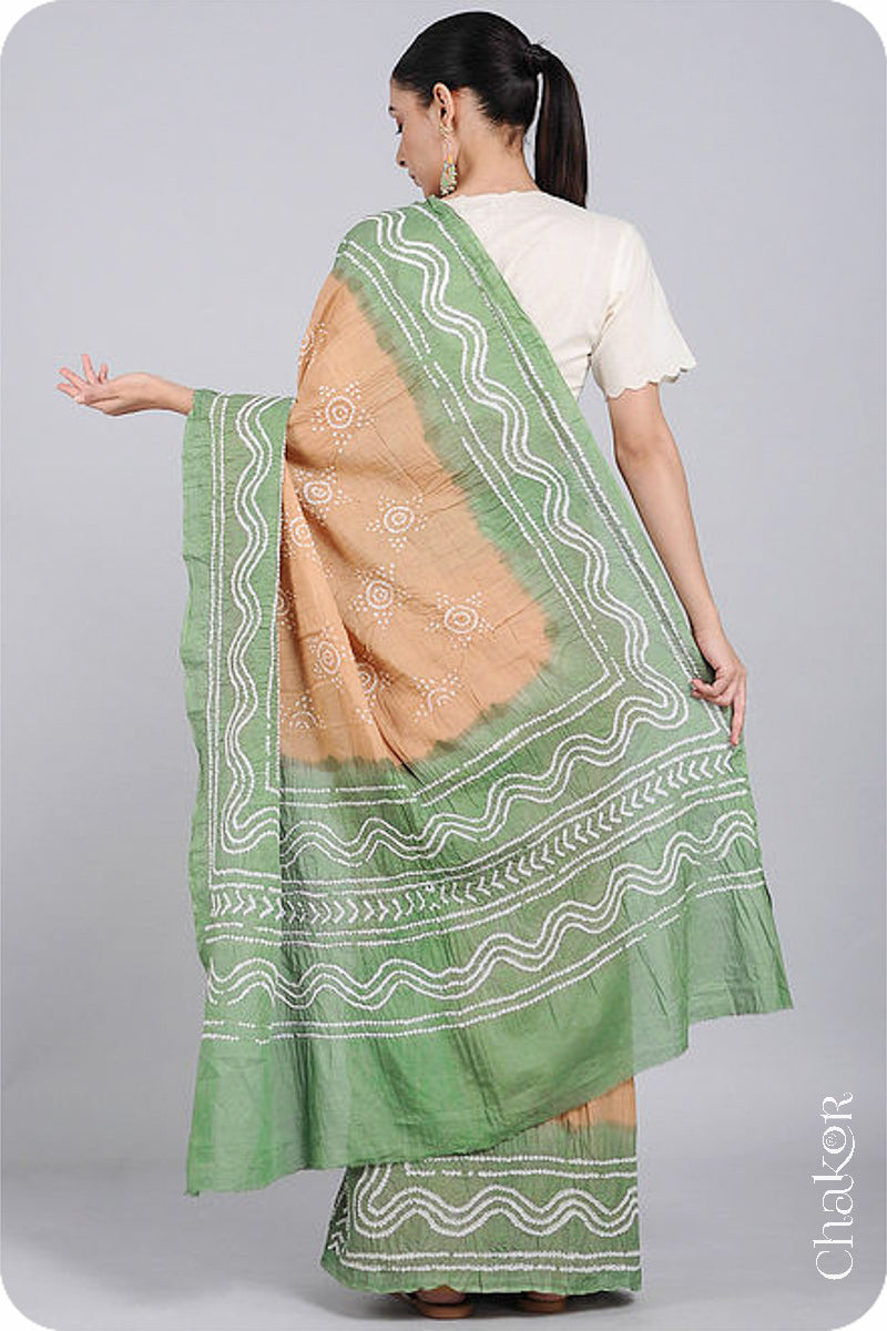 Handcrafted Beige Mehendi Green Bandhani Mul Cotton Saree by Chakor.