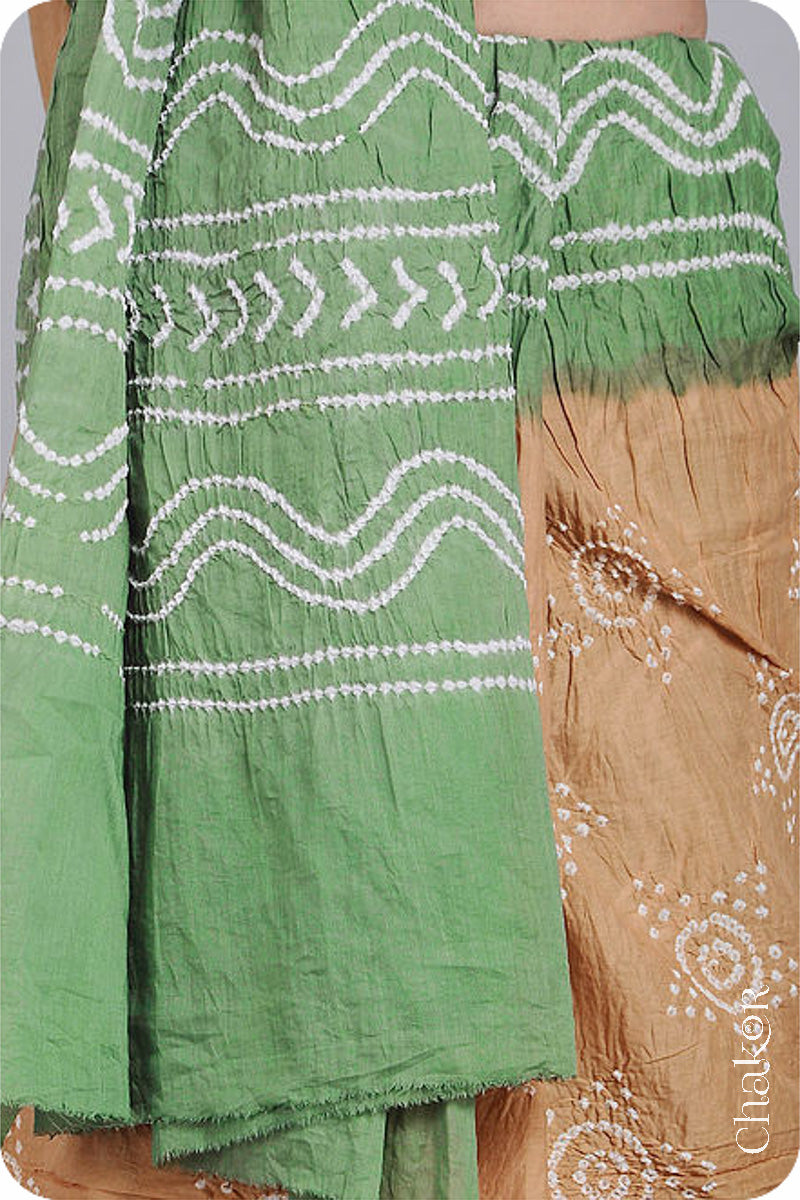 Handcrafted Beige Mehendi Green Bandhani Mul Cotton Saree by Chakor.