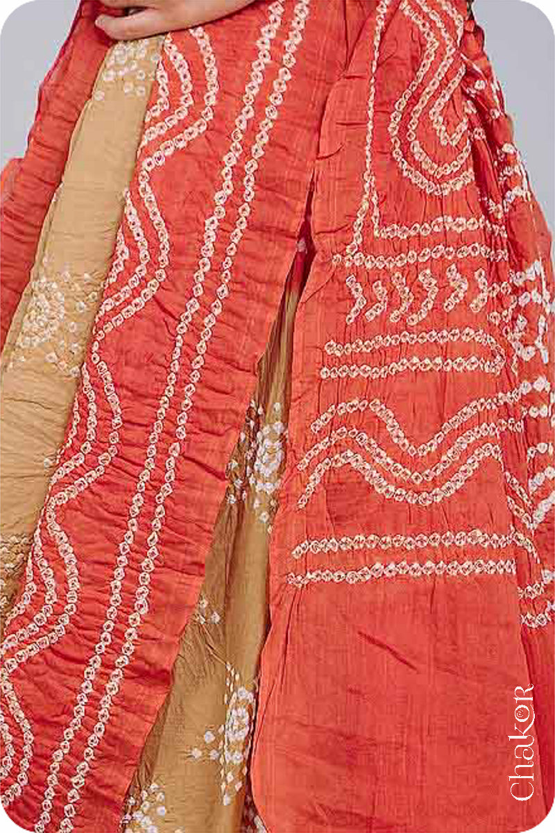 Handcrafted Beige Rust Bandhani Mul Cotton Saree by Chakor.