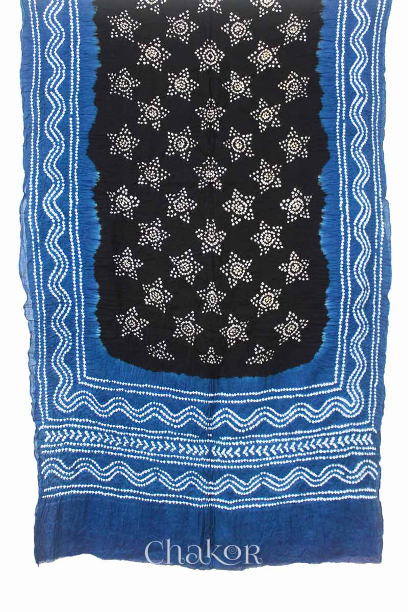 Handcrafted Black Indigo Bandhani Mul Cotton Saree by Chakor.