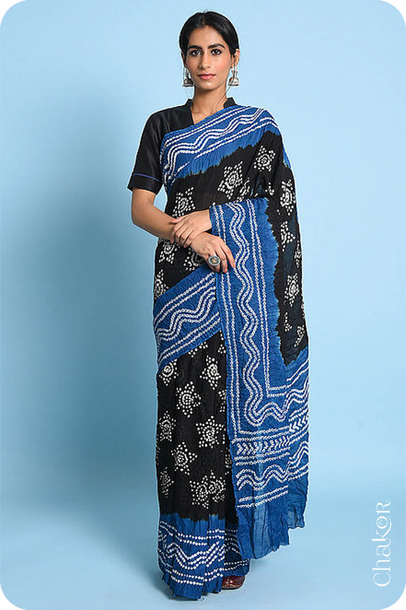 Handcrafted Black Indigo Bandhani Mul Cotton Saree by Chakor.