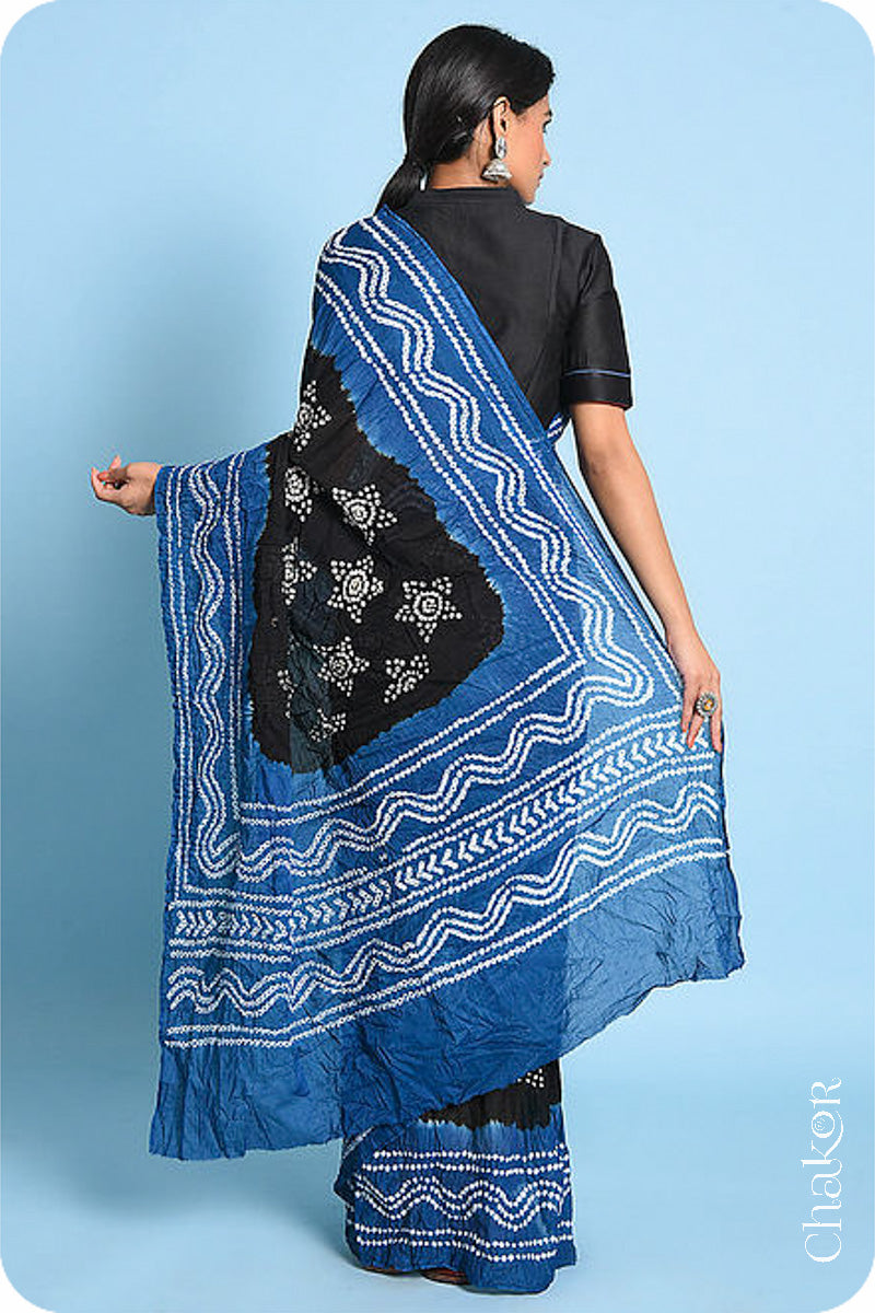 Handcrafted Black Indigo Bandhani Mul Cotton Saree by Chakor.