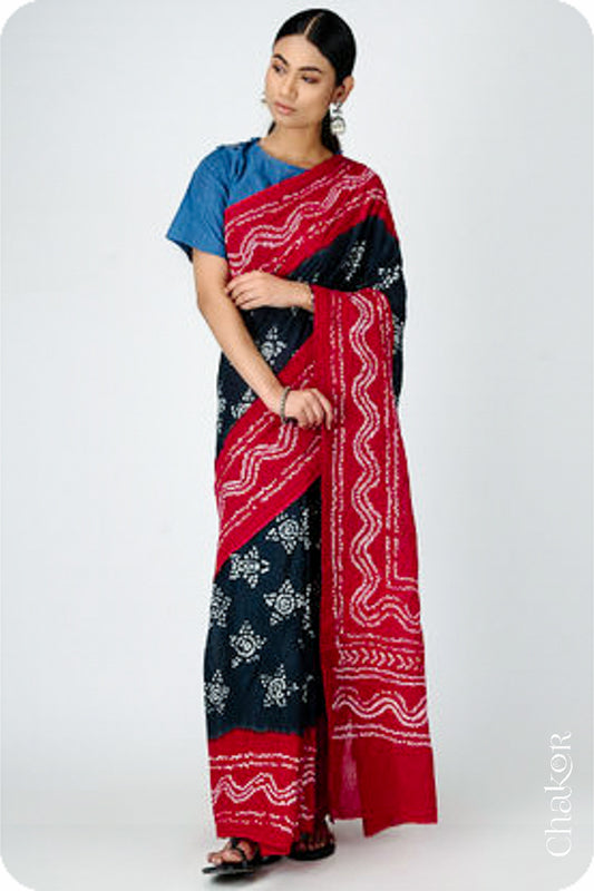 Handcrafted Black Red Bandhani Mul Cotton Saree by Chakor.