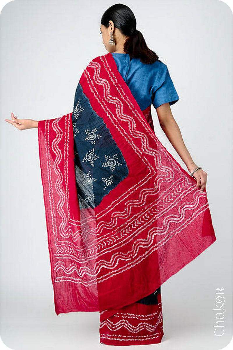 Handcrafted Black Red Bandhani Mul Cotton Saree by Chakor.