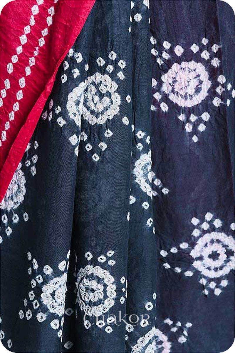 Handcrafted Charcoal Strawberry Bandhani Mul Cotton Saree by Chakor.