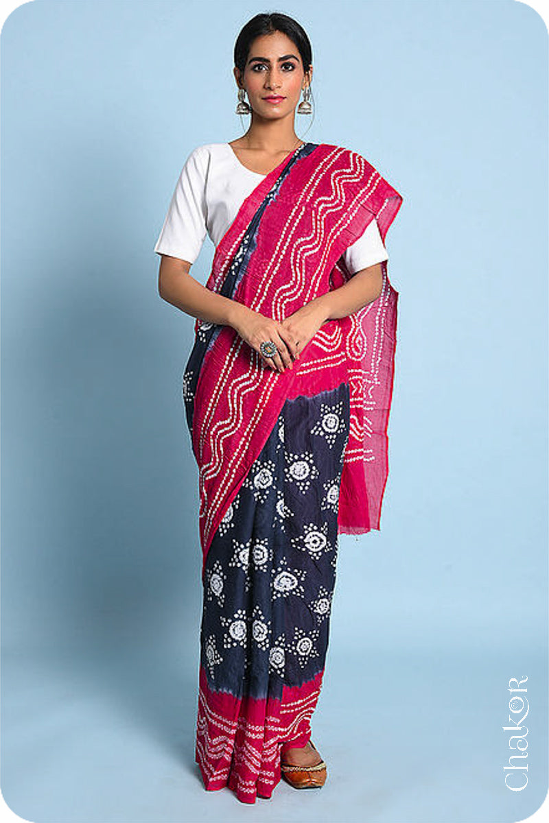 Handcrafted Charcoal Strawberry Bandhani Mul Cotton Saree by Chakor.