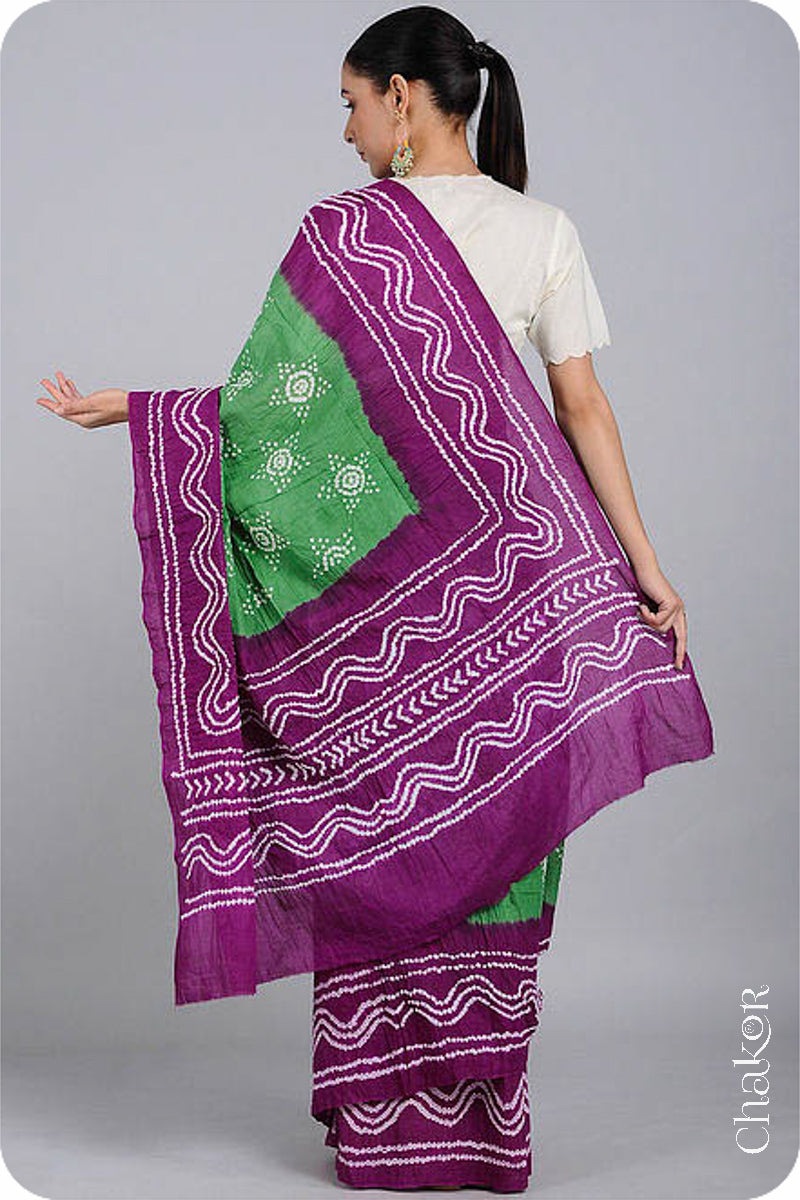 Handcrafted Green Magenta Bandhani Mul Cotton Saree by Chakor.