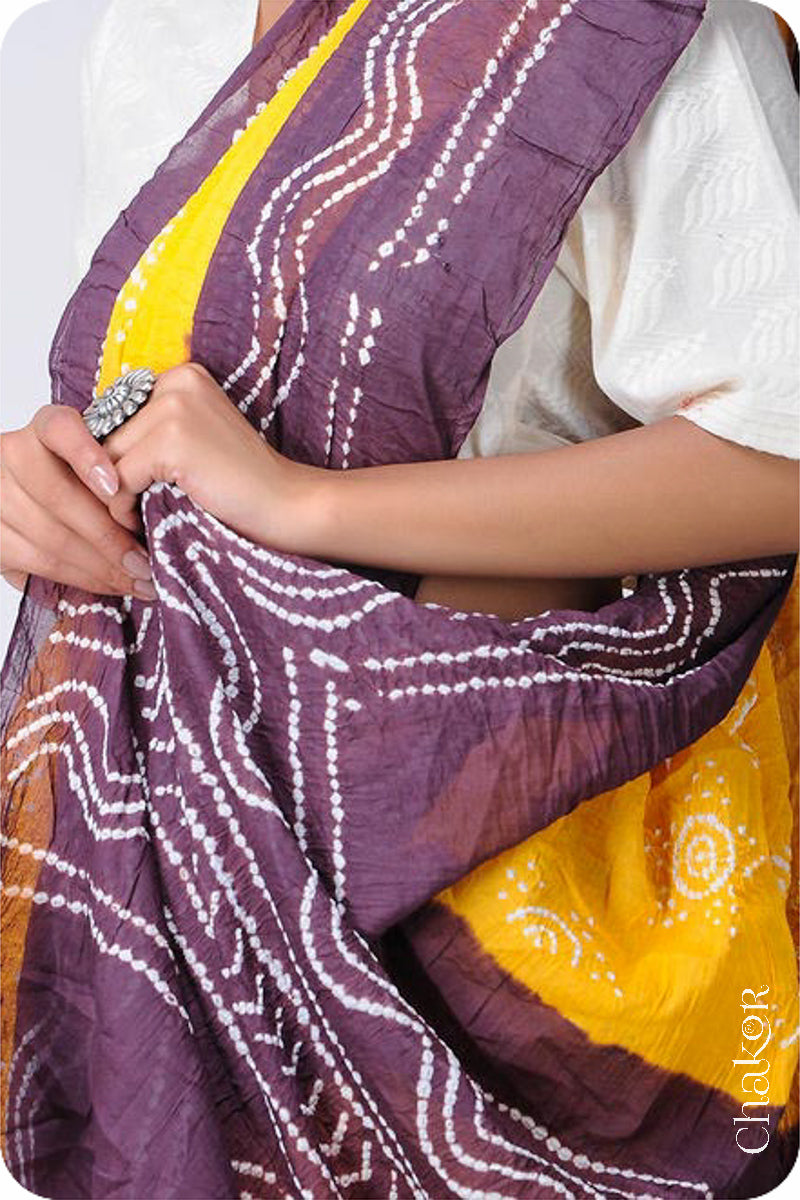 Handcrafted Yellow Brown Bandhani Cotton Saree by Chakor.