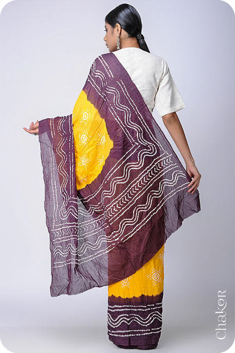 Handcrafted Yellow Brown Bandhani Cotton Saree by Chakor.