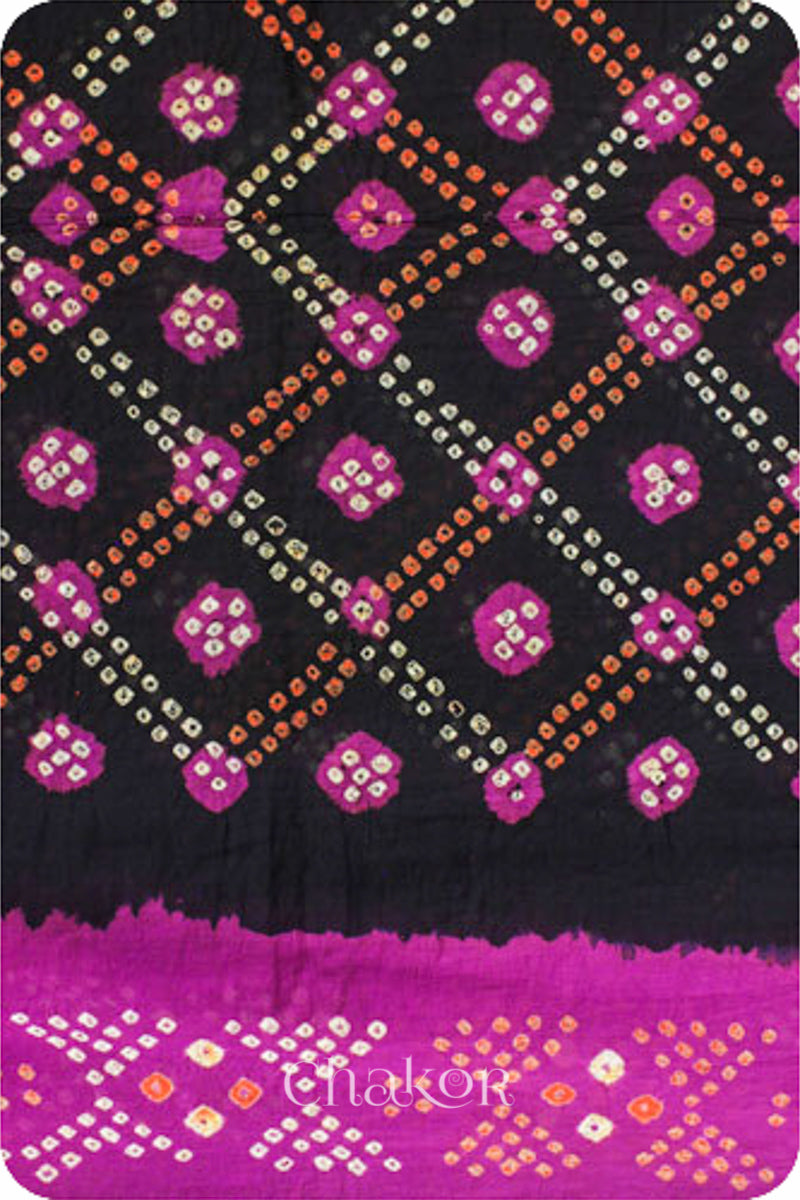 Traditional Black Magenta Bandhani Mul Cotton Saree by Chakor.