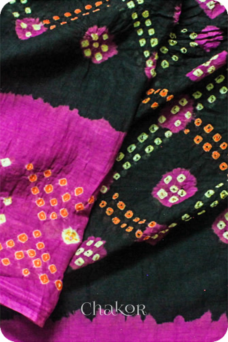 Traditional Black Magenta Bandhani Mul Cotton Saree by Chakor.